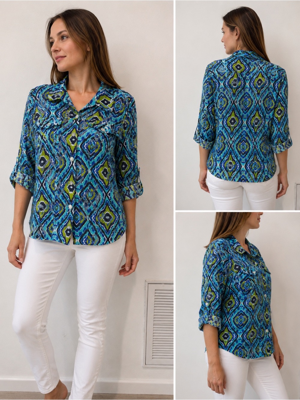 Blue & Green Printed Button-Front Women’s Top